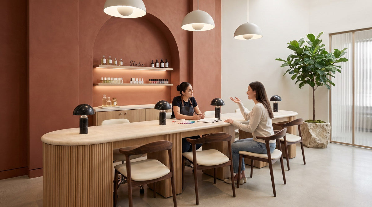 A nail technician and her client mid-conversation across a long fluted oak manicure bar, before any work has started.