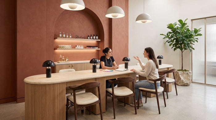 A nail technician and her client mid-conversation across a long fluted oak manicure bar, before any work has started.
