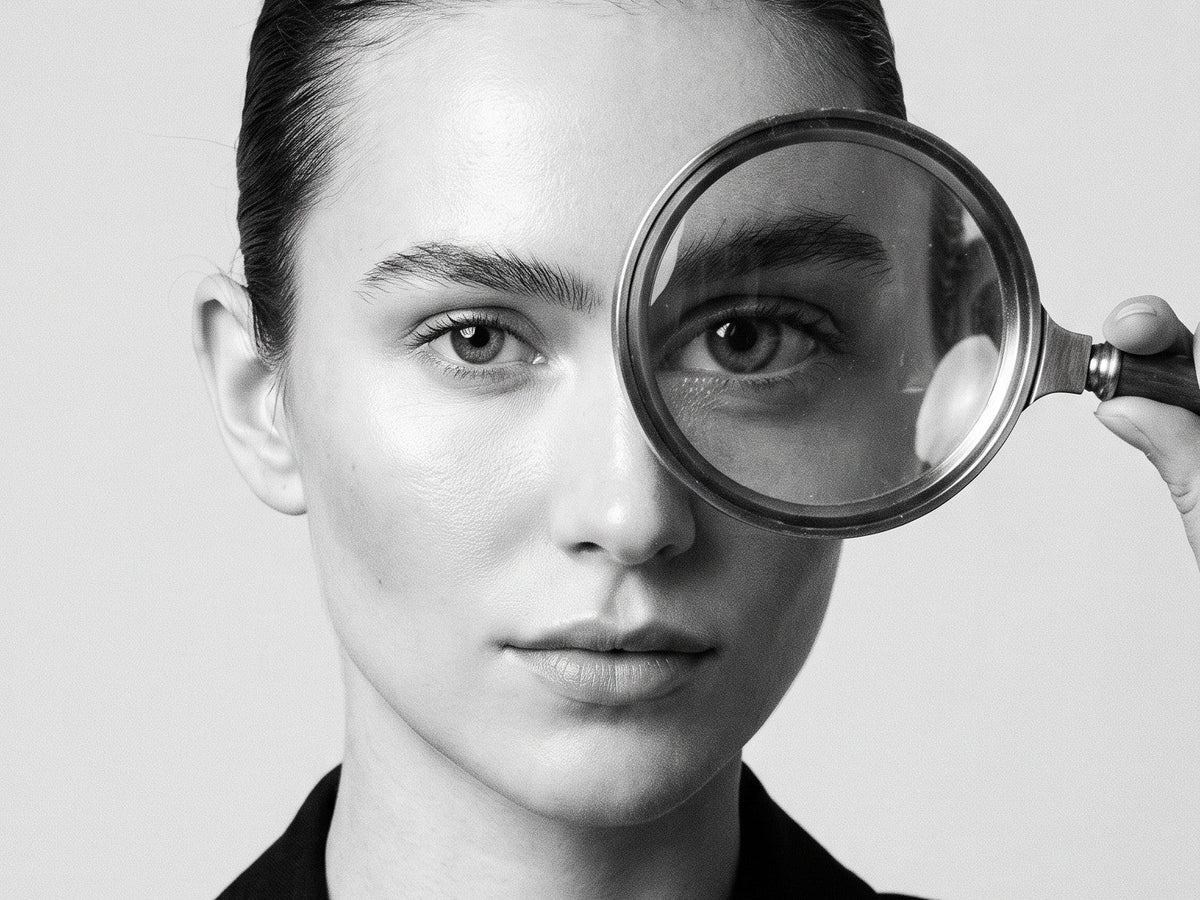 A black and white portrait of a young beauty professional holding a brass magnifying glass over one eye, that eye hugely enlarged through the lens while the rest of her face stays sharp.