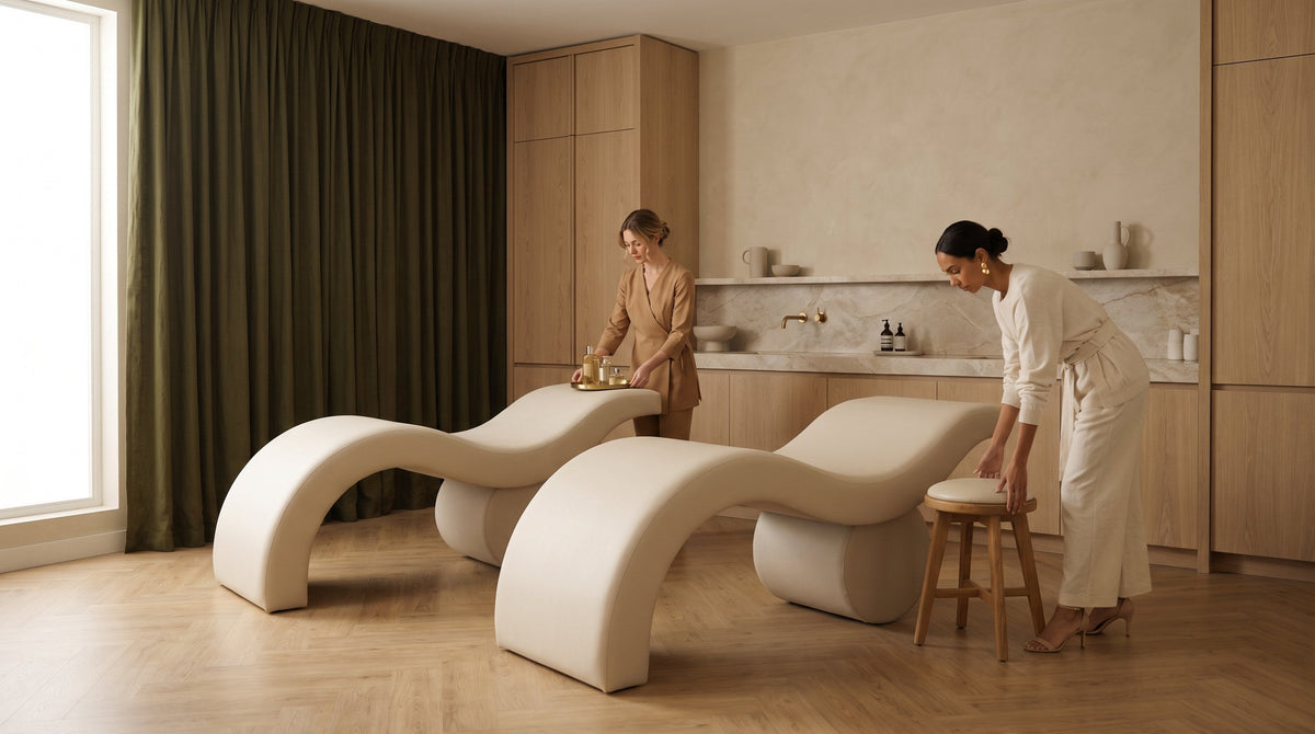 Two beauty artists working across two Brynn curved salon beds in a treatment room with white oak joinery and a marble counter.