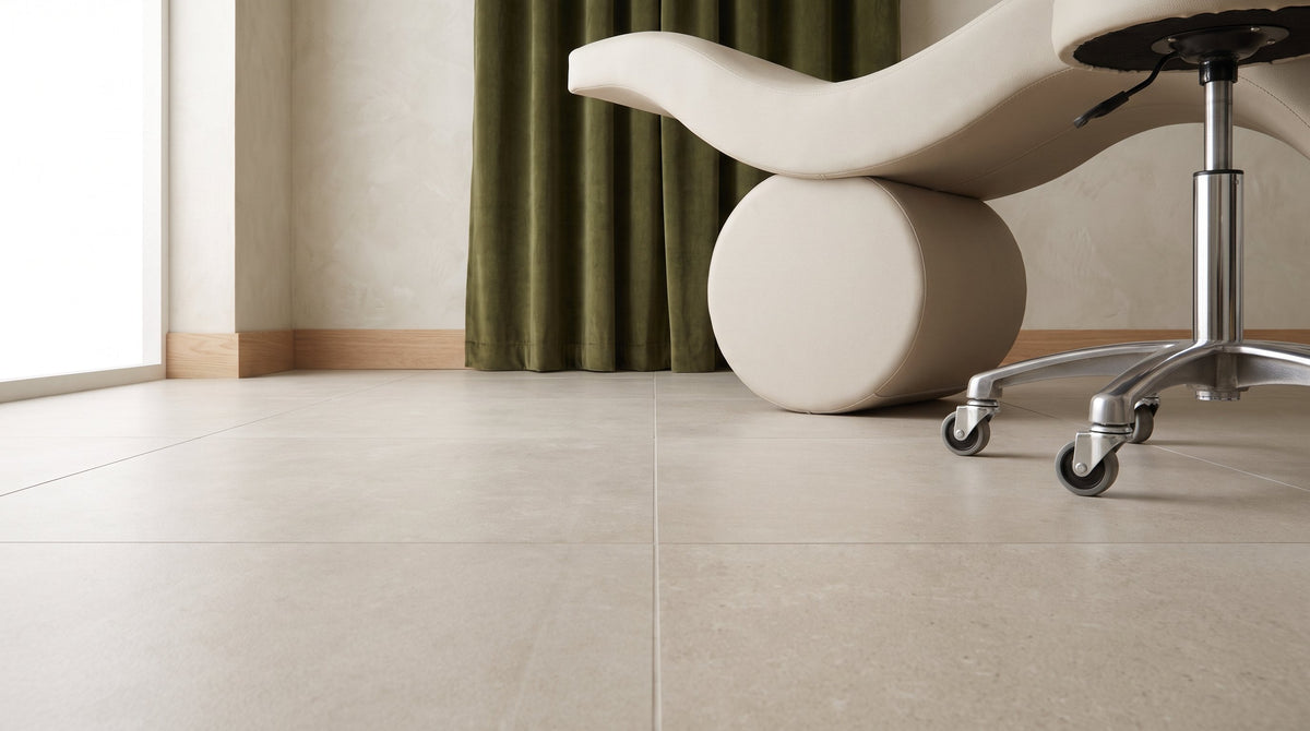 Low view of large-format porcelain salon flooring with the drum base of a Brynn bed and the castors of an artist stool standing on it.
