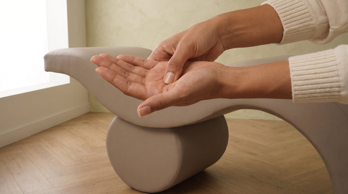 Close-up of a beauty artist pressing her thumb into the muscle at the base of her other thumb, hands resting on the cream upholstered edge of a Brynn curved salon bed.