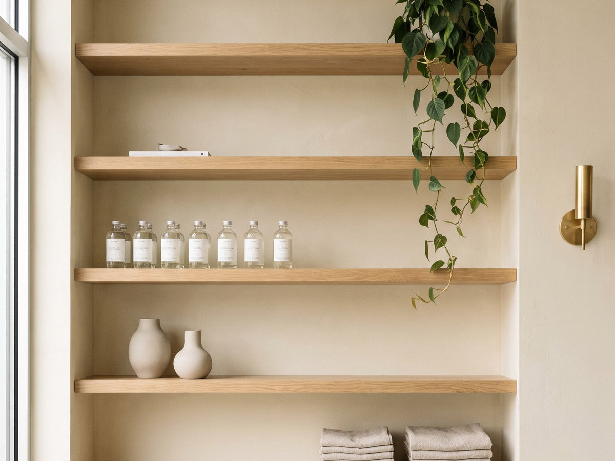 A wall of floating white oak shelves in a salon, styled with a row of retail bottles, two matte ceramic vases, folded towels and a trailing plant, with a brass wall light alongside.